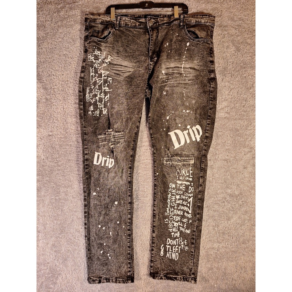 Encrypted Men's Black Acid Wash Distressed Jeans with White Graphic Drip  44x34